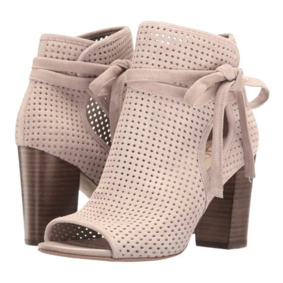 Sam Edelman Ellery Open-Toe Perforated Suede Booties Ankle Boots Shoes Heels - Picture 1 of 8